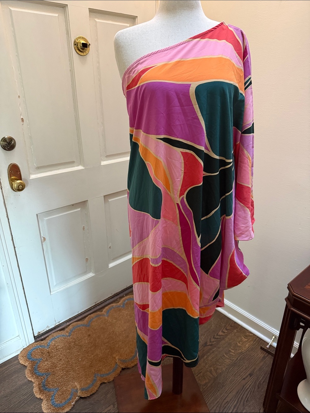 Vici One-Shoulder Abstract Print Dress — Pink, Coral & Teal